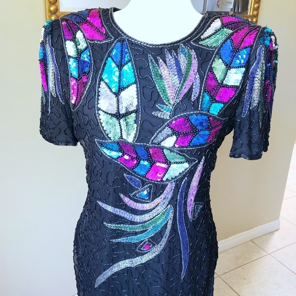 Black Vintage Multicolor Sequin/Beads Dress - Picture 3 of 7